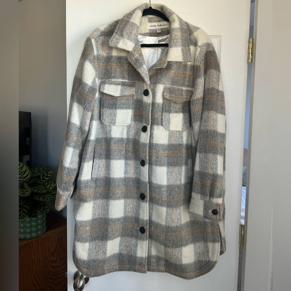 Anthropologie Cream and Brown Plaid Teddy Jacket